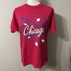 Vtg 80s Velva Sheen Women T-Shirt Pink Graphic Print Chicago Puff Paint Sz M USA